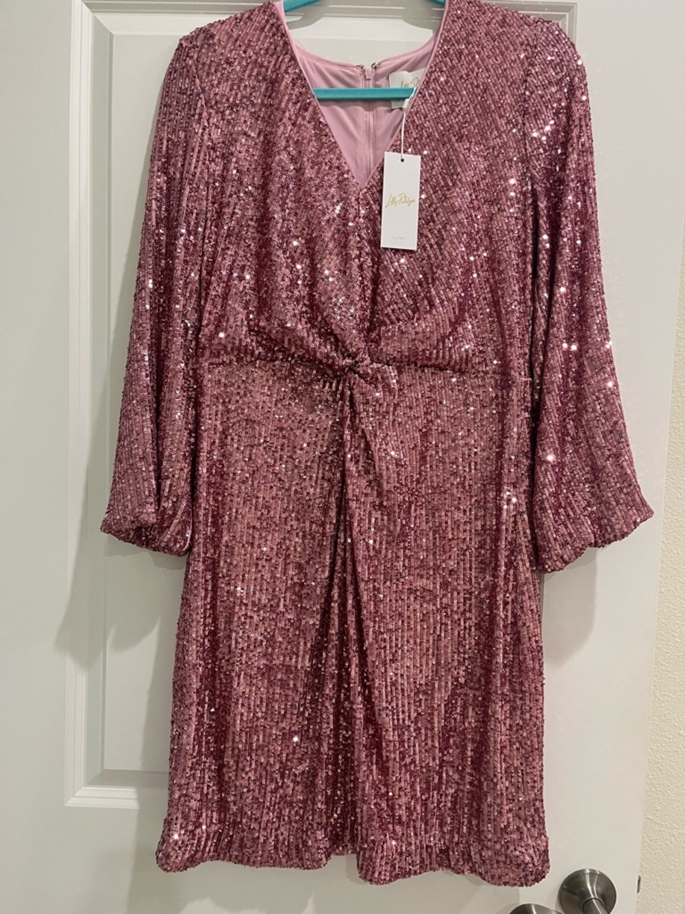 Lilly Pulitzer Rose Pink Sequin Knot-Front Long Sleeve Dress